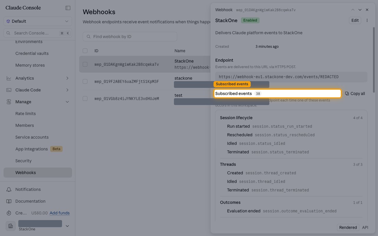 The endpoint detail panel with Subscribed events highlighted, showing 38 events grouped by resource.