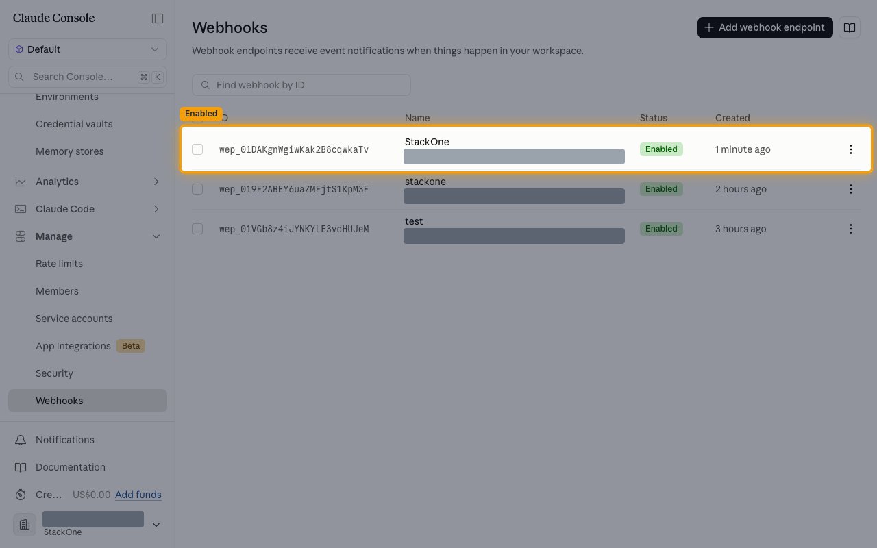 The Webhooks list showing the new endpoint with an Enabled status, its destination URL masked.