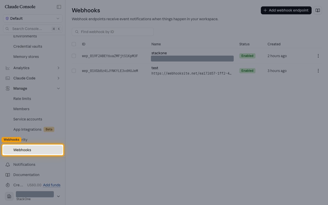The Claude Console Webhooks page with the Webhooks entry under Manage highlighted in the sidebar.