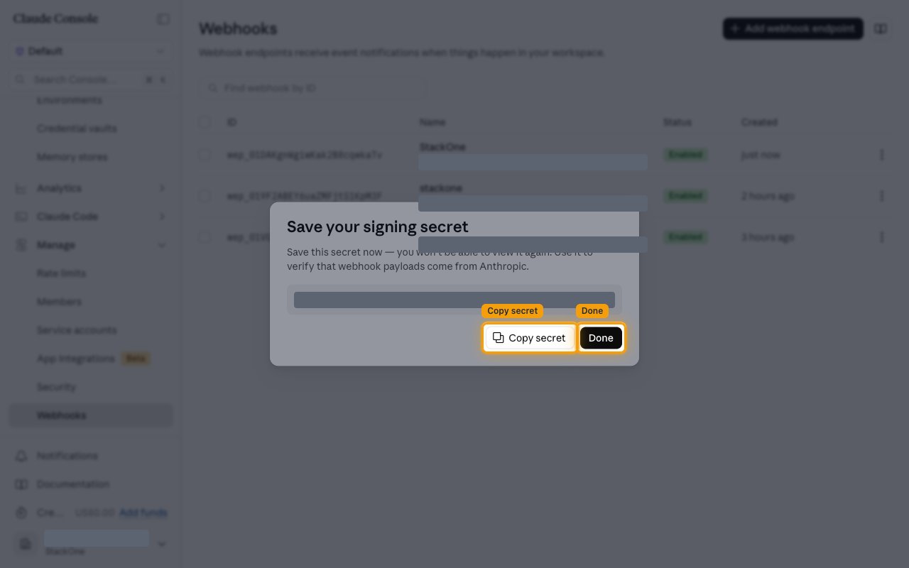 The Save your signing secret dialog with the Copy secret and Done buttons highlighted and the secret value masked.
