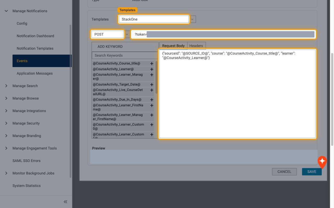 Webhook request settings with the StackOne template, POST, the ?token= request URL and the Request Body highlighted