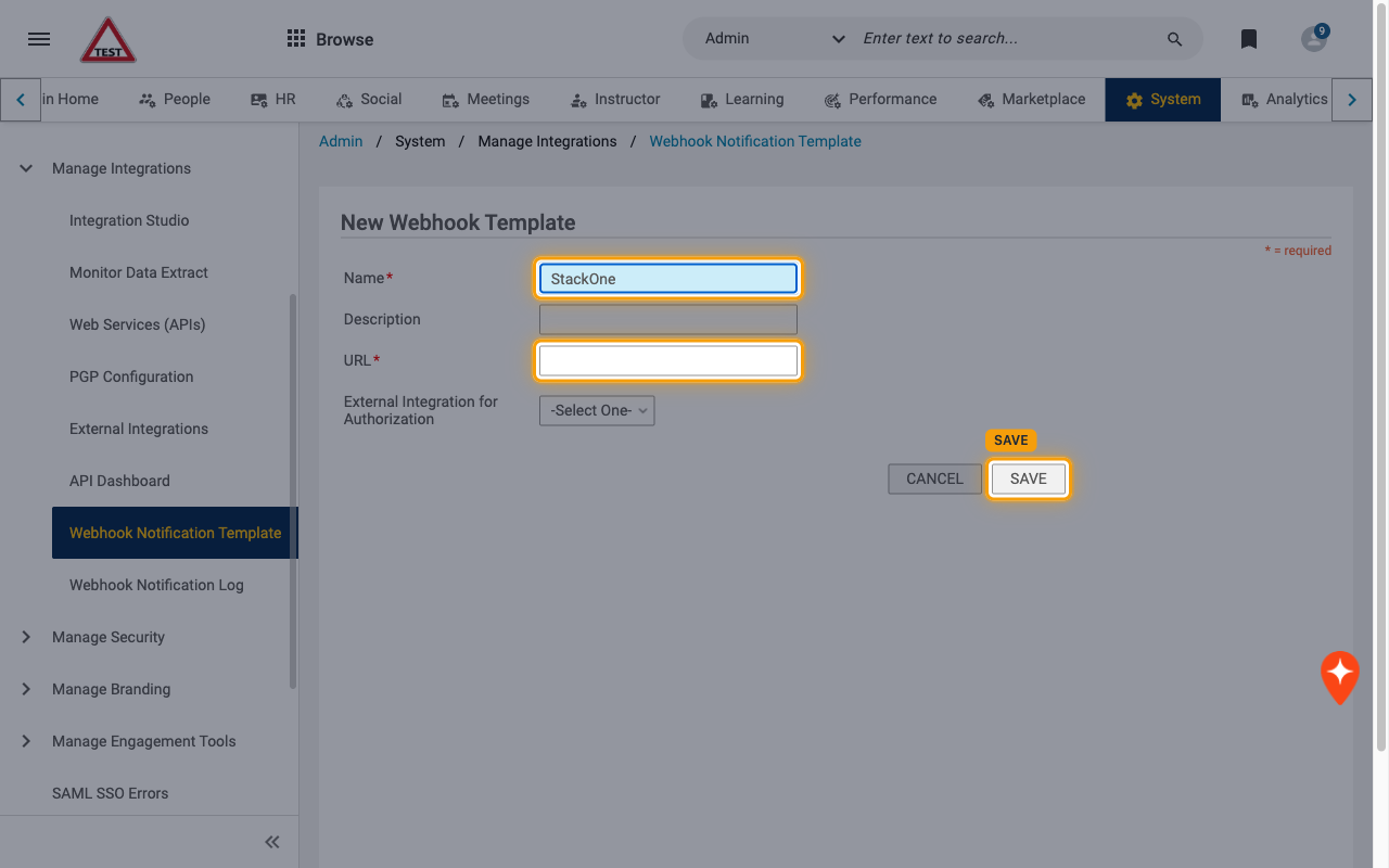 New Webhook Template form with the Name and URL fields and the SAVE button highlighted