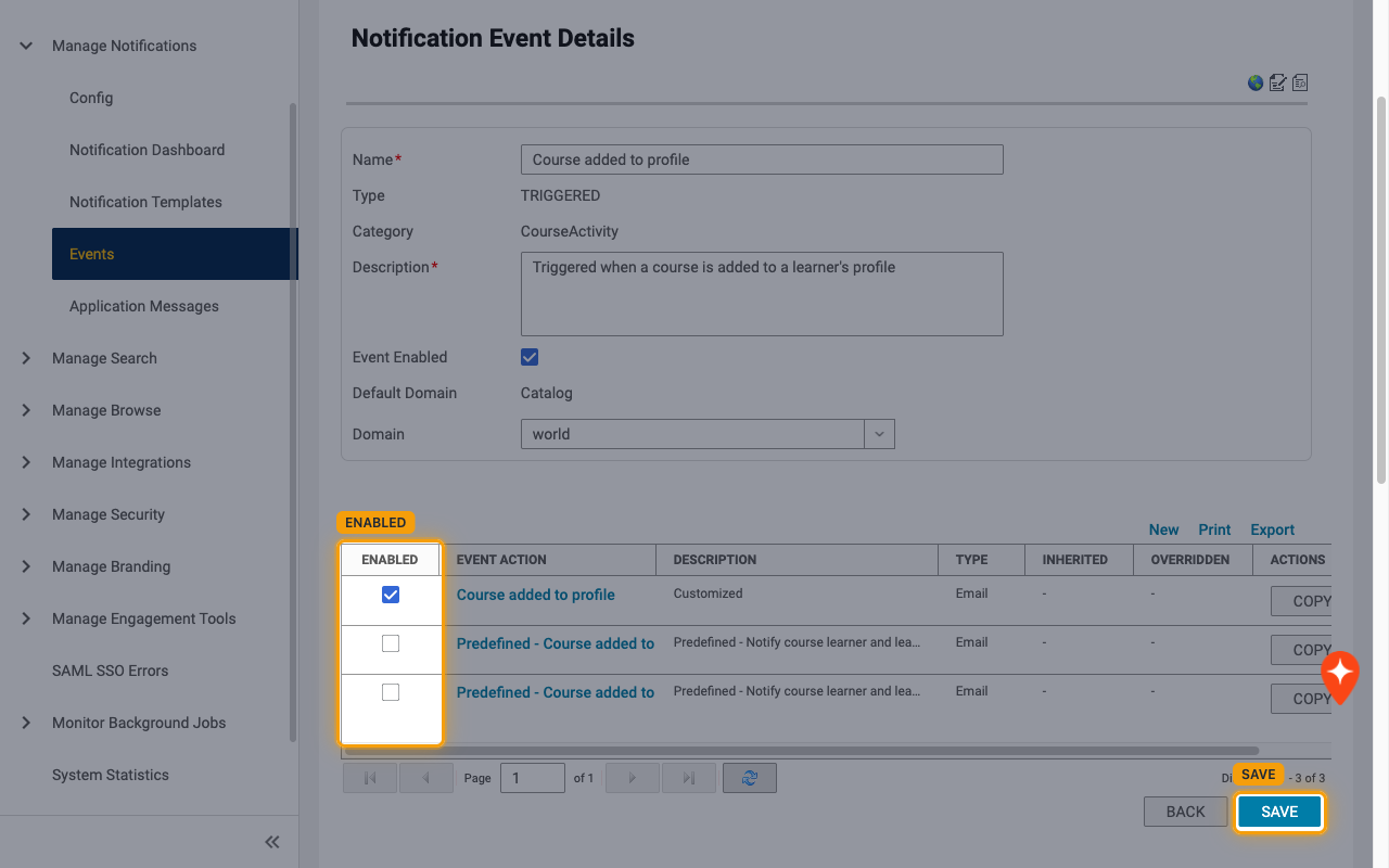 Notification Event Details with the ENABLED column and the SAVE button highlighted