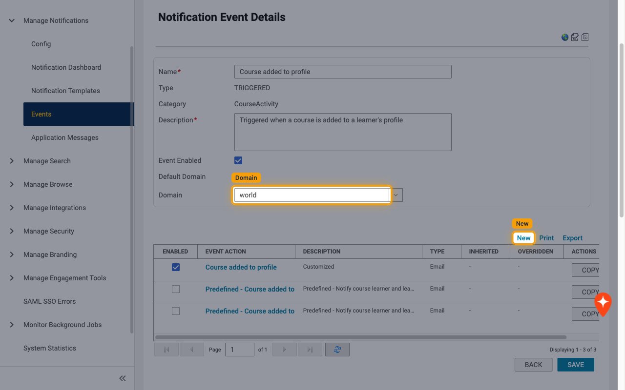 Notification Event Details with the Domain set to world and the New link highlighted