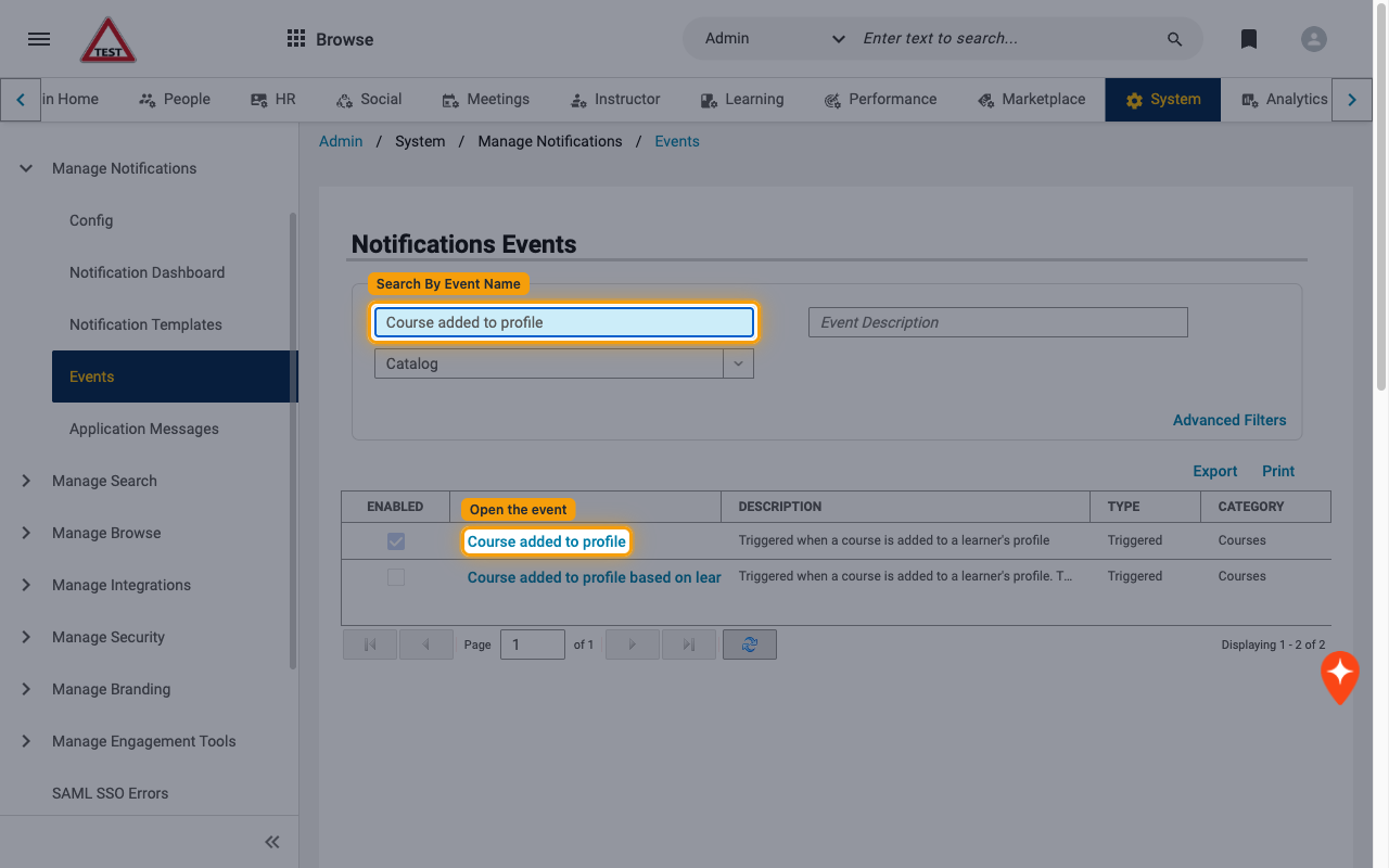 Notifications Events list filtered to the Course added to profile event