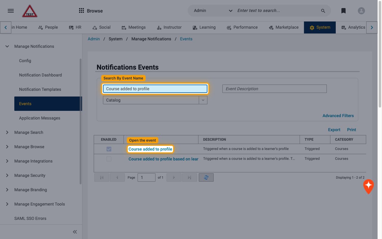 Notifications Events list filtered to the Course added to profile event