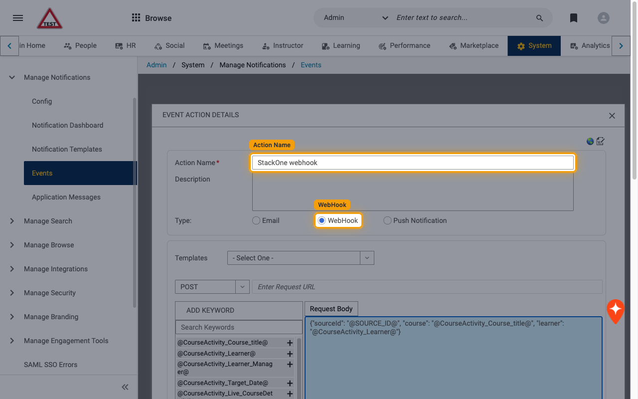Event Action Details dialog with the Action Name filled in and WebHook selected