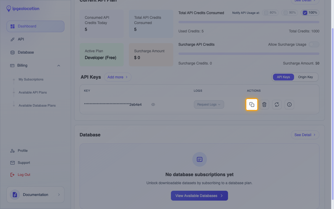 The IPGeolocation.io Dashboard with the Copy API key button in the API Keys panel highlighted