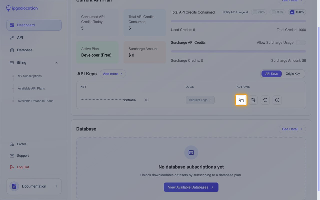 The IPGeolocation.io Dashboard with the Copy API key button in the API Keys panel highlighted