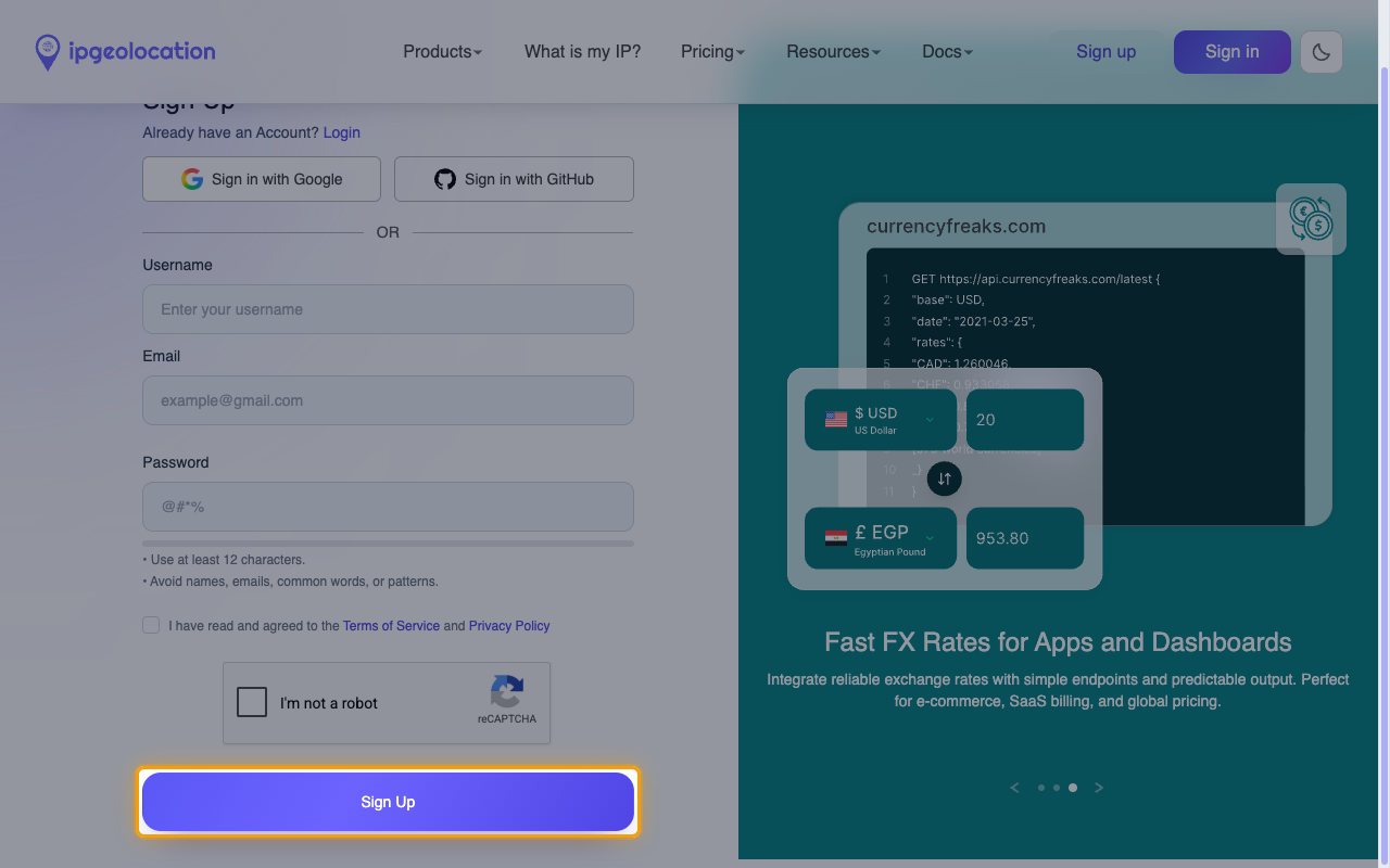 The IPGeolocation.io sign-up form with the Sign Up button highlighted