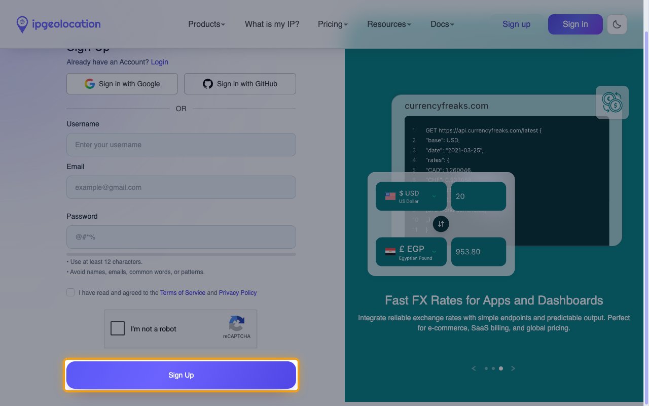 The IPGeolocation.io sign-up form with the Sign Up button highlighted