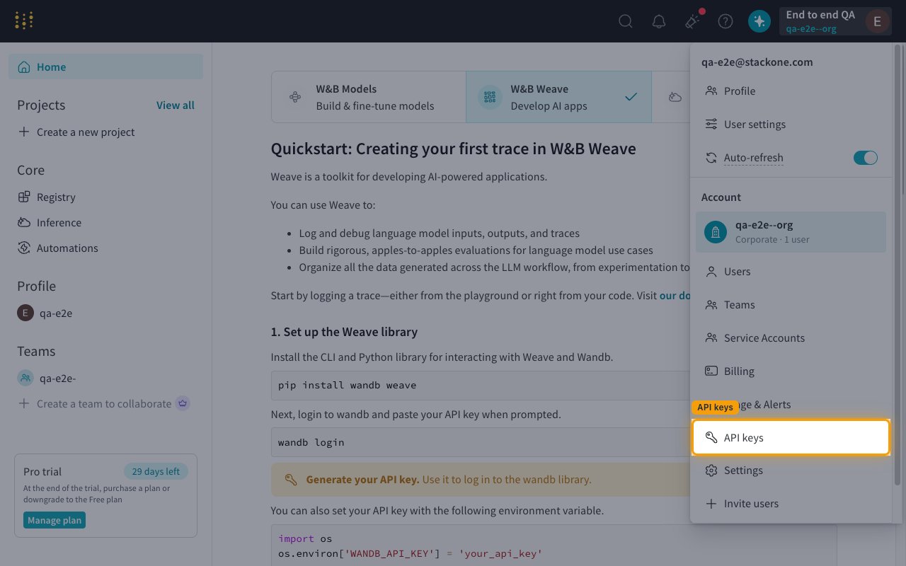 Weights & Biases avatar dropdown with the API keys entry under the Account section highlighted.