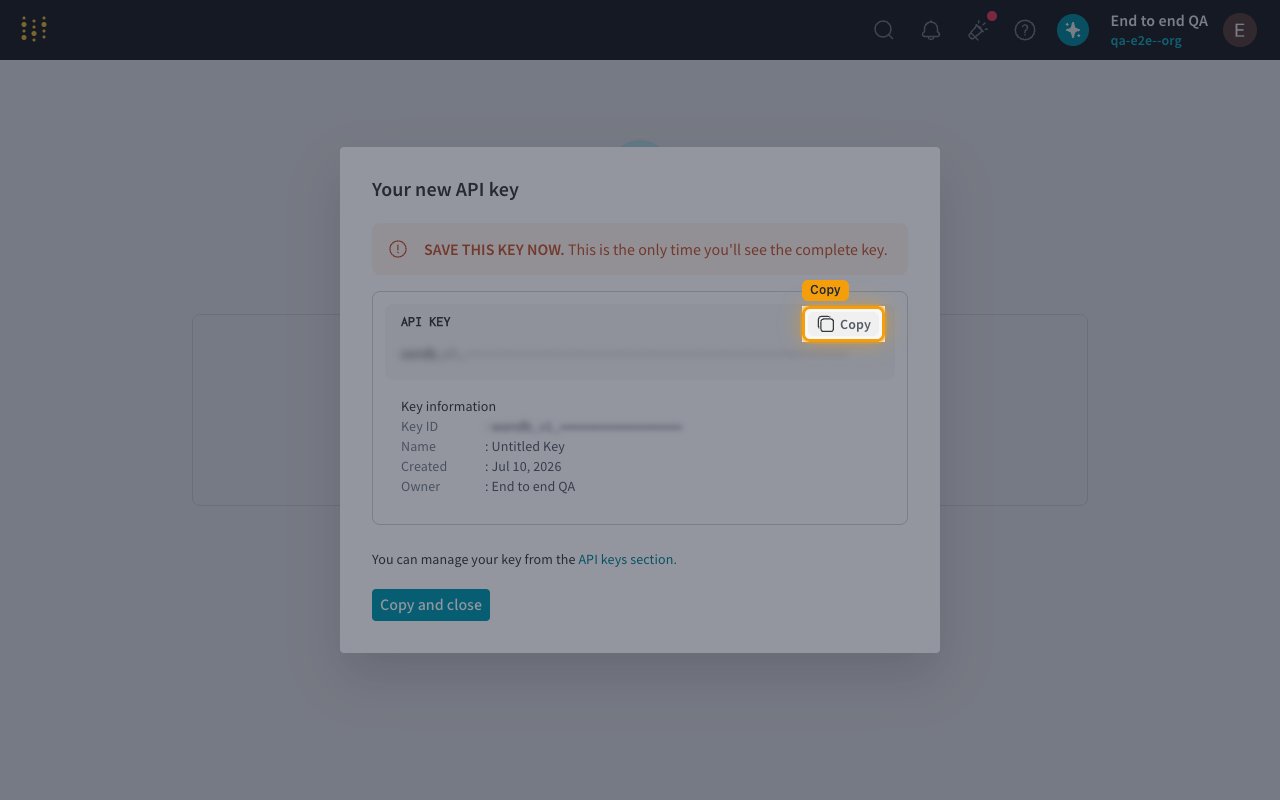 Your new API key dialog with the API KEY value and Copy button.