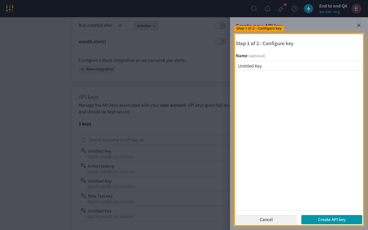 Create new API key dialog on Step 1 of 2 Configure key with the Name field and Create API key button.