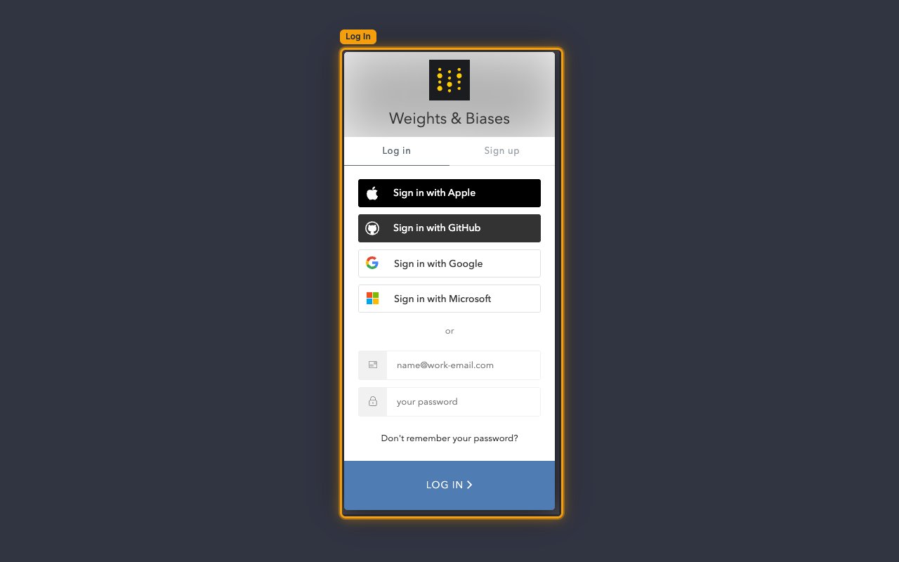Weights & Biases sign-in dialog showing SSO options and the email/password form.