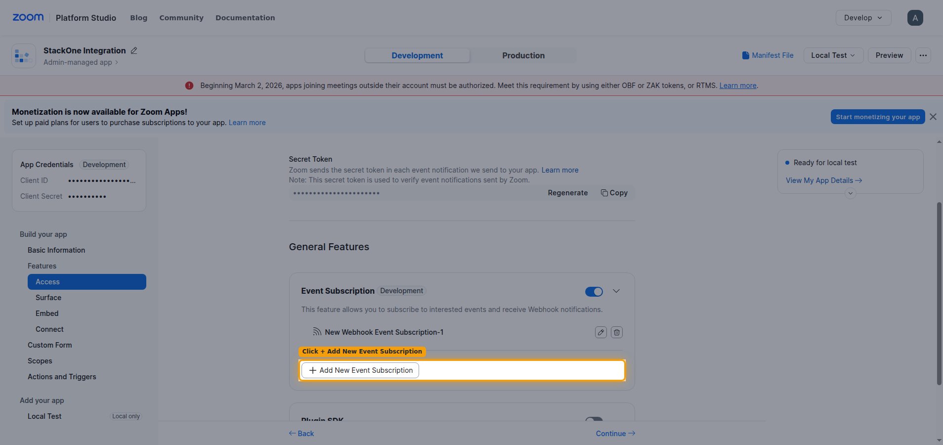 The Event Subscription feature expanded with the Add New Event Subscription button.