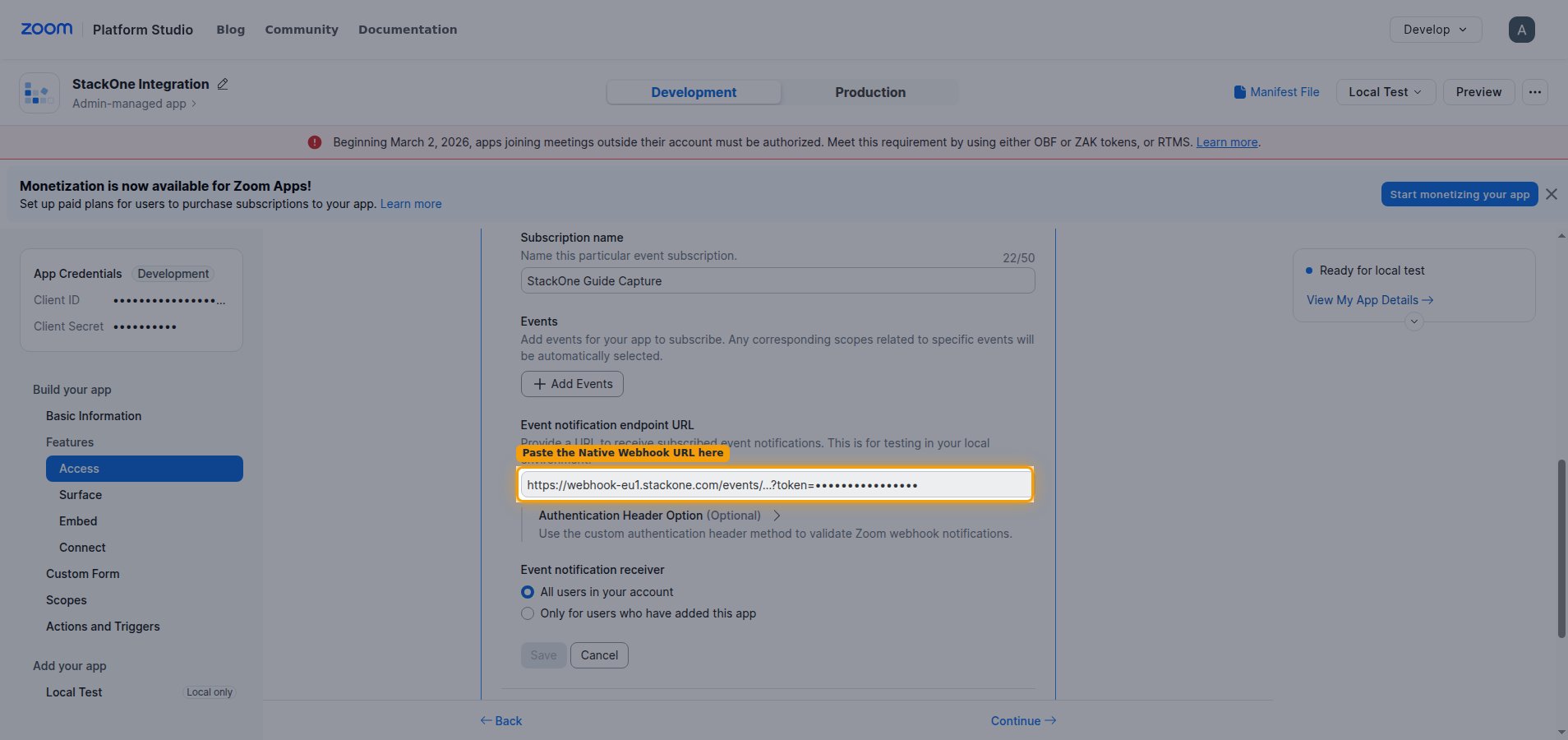 The subscription form with the Event notification endpoint URL field.