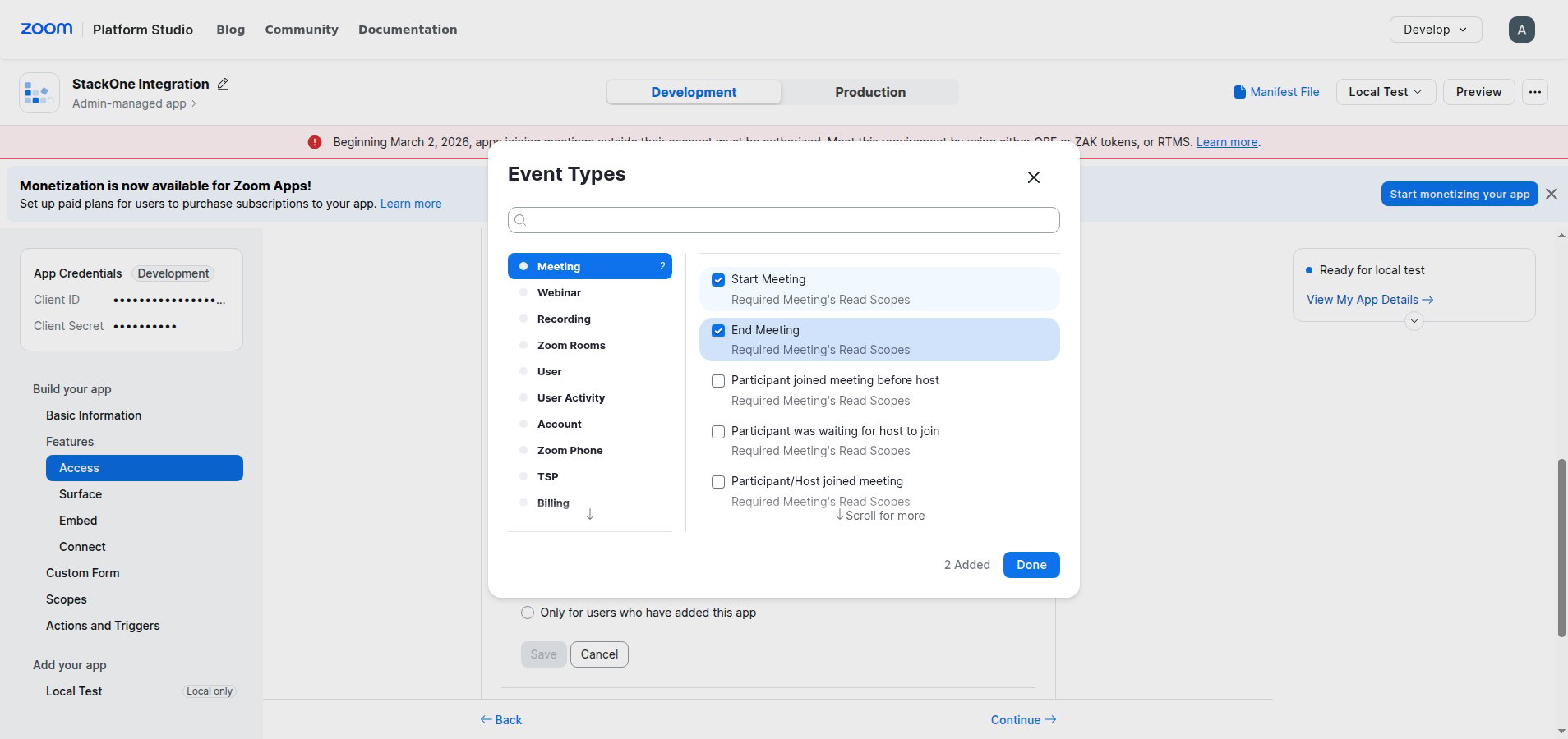 The Event Types picker showing event categories and selectable events.