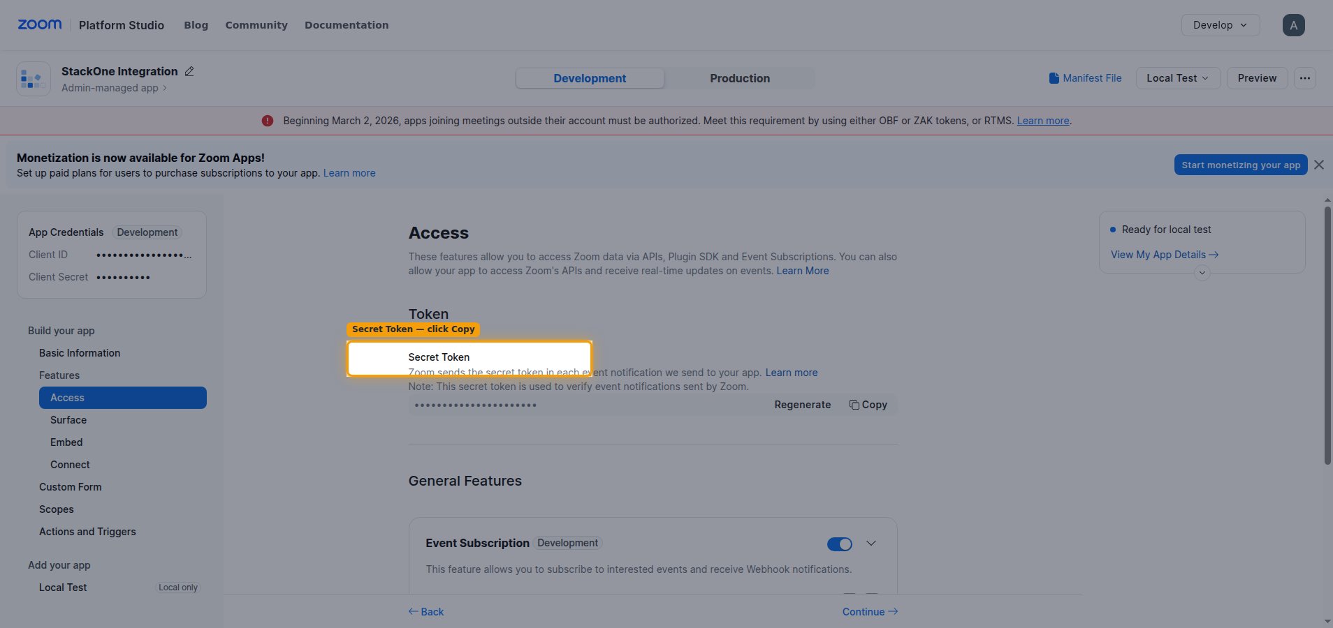 The Access page showing the Secret Token with Copy and the Event Subscription toggle.