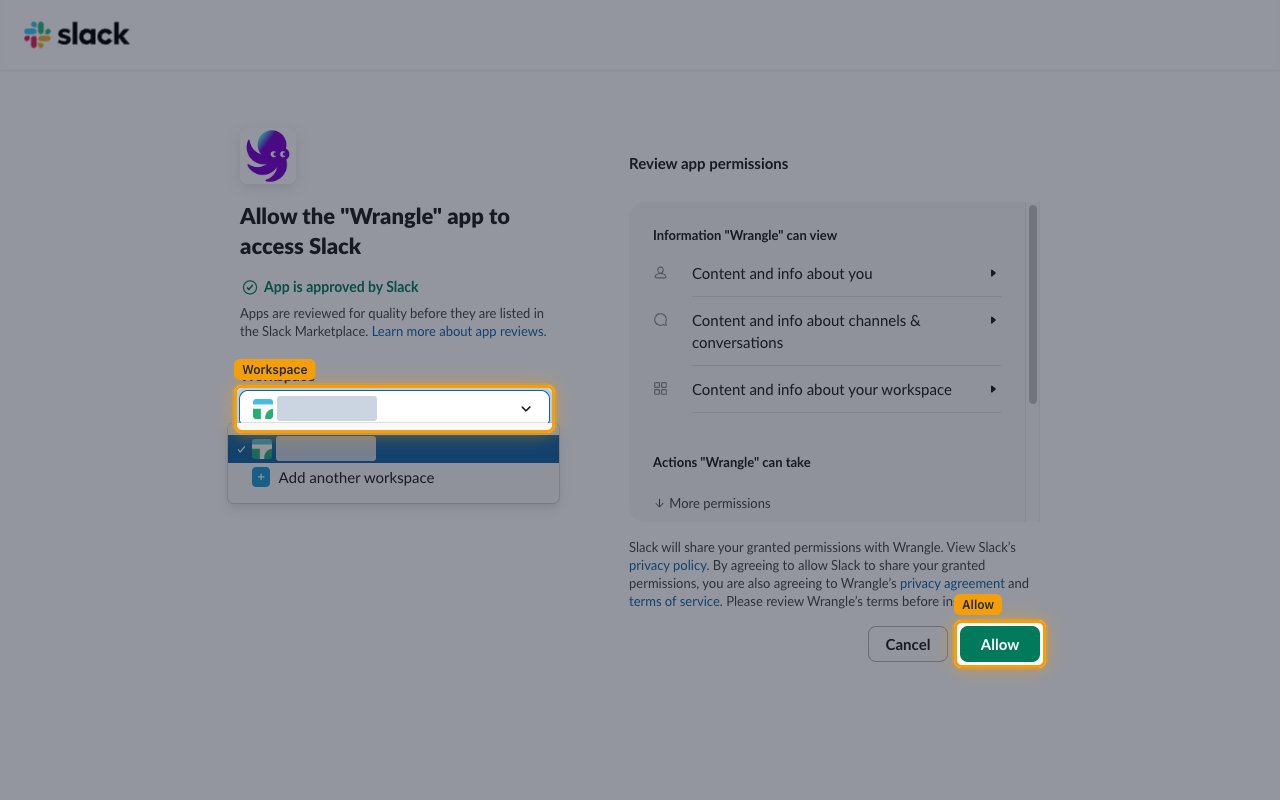 The Slack consent screen for the Wrangle app with the Workspace picker and Allow button highlighted
