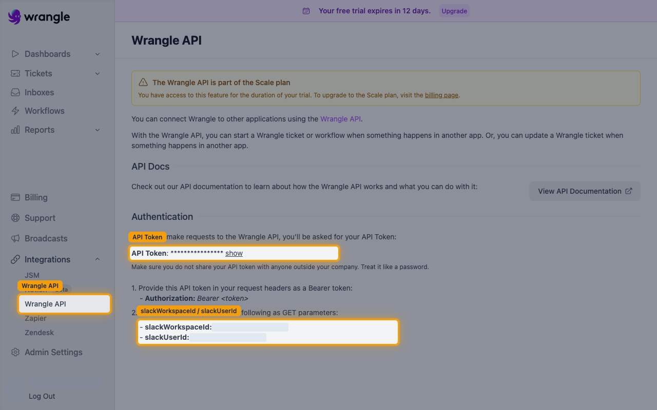 The Wrangle API page showing the Wrangle API sidebar link, the API Token value and the slackWorkspaceId and slackUserId parameters