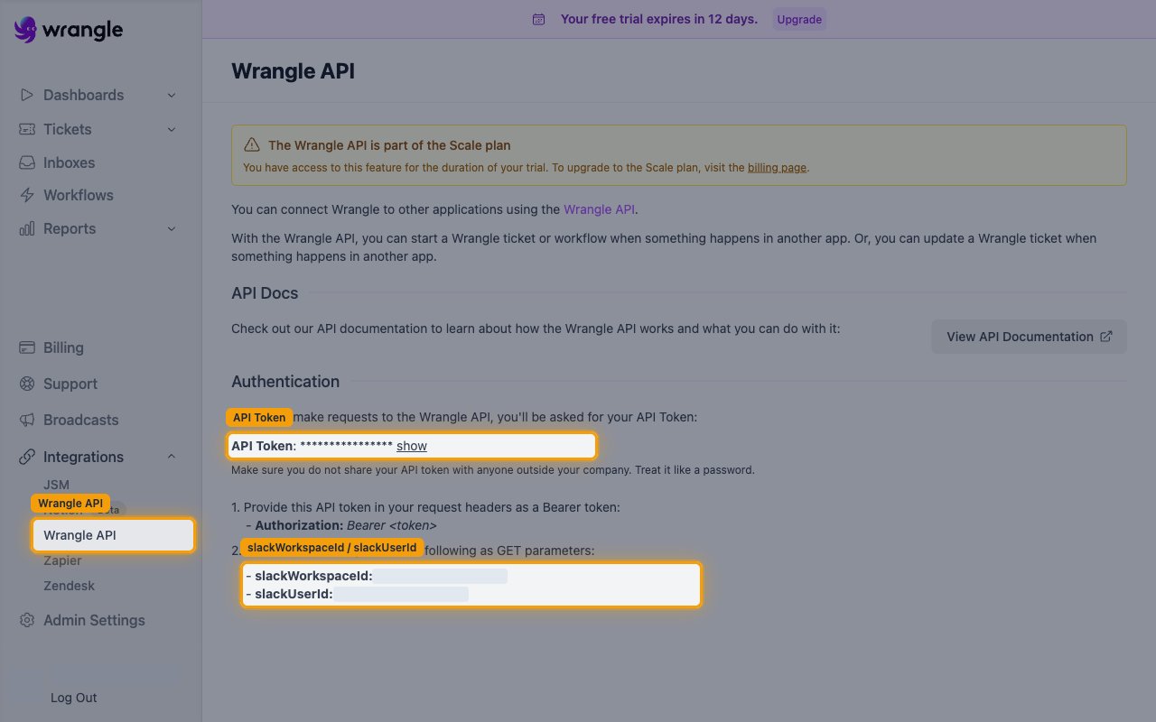 The Wrangle API page showing the Wrangle API sidebar link, the API Token value and the slackWorkspaceId and slackUserId parameters