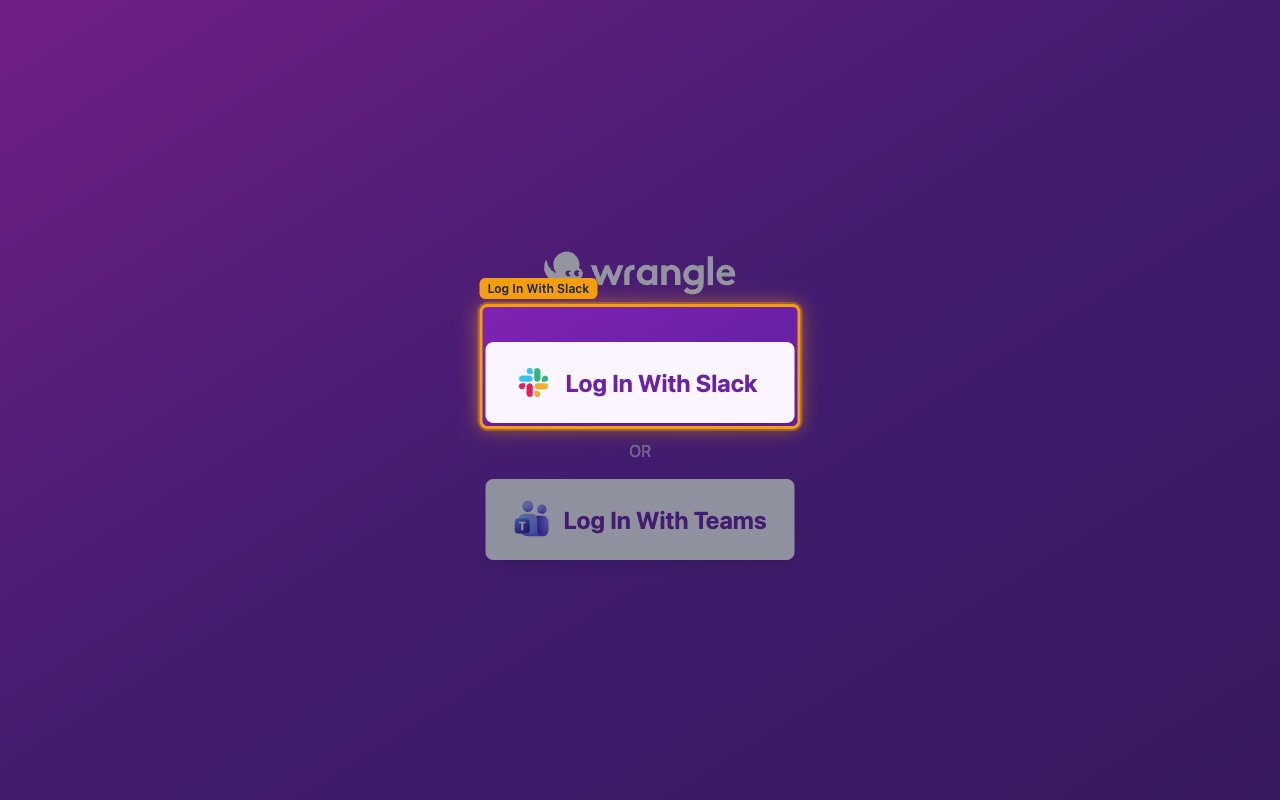 The Wrangle login page with the Log In With Slack and Log In With Teams buttons