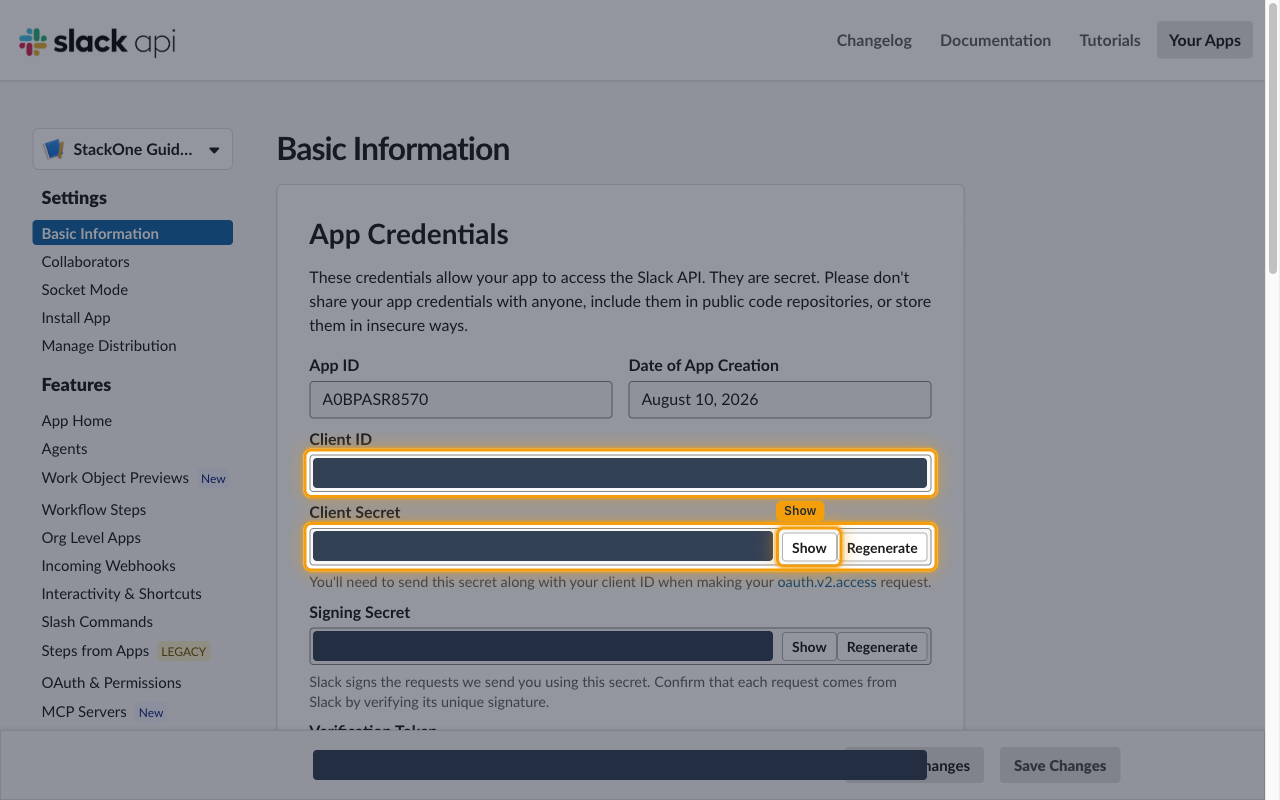 The App Credentials section on Basic Information showing the Client ID and Client Secret rows with the Show button