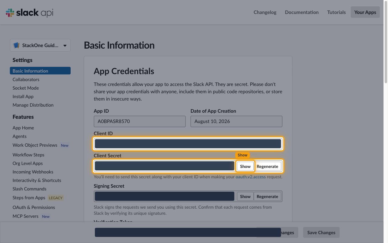 The App Credentials section on Basic Information showing the Client ID and Client Secret rows with the Show button