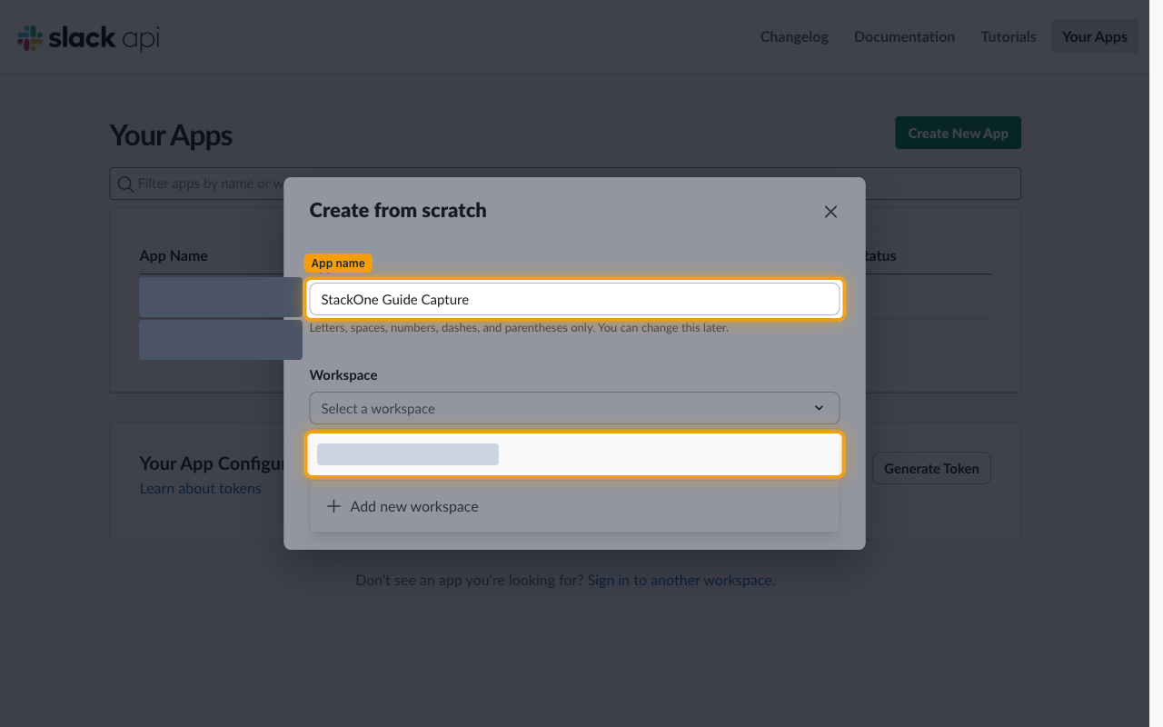 The Create from scratch dialog with the App name field filled in and the Workspace dropdown open