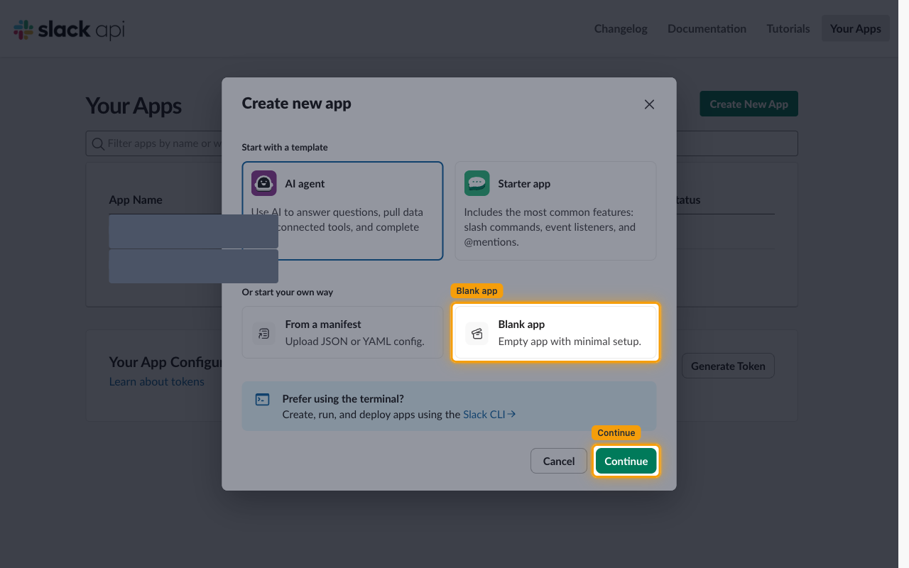 The Create new app dialog with the Blank app option and Continue button highlighted