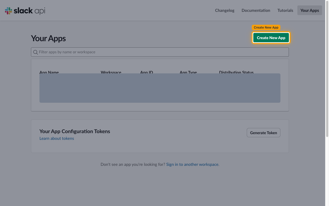 The Your Apps page with the Create New App button highlighted