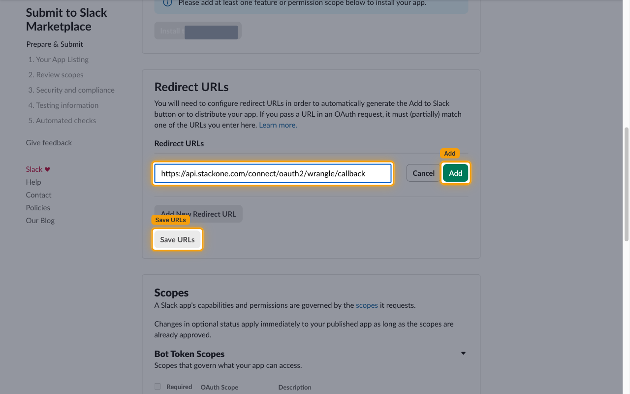 The Redirect URLs section with the StackOne callback URL entered and the Add and Save URLs buttons highlighted