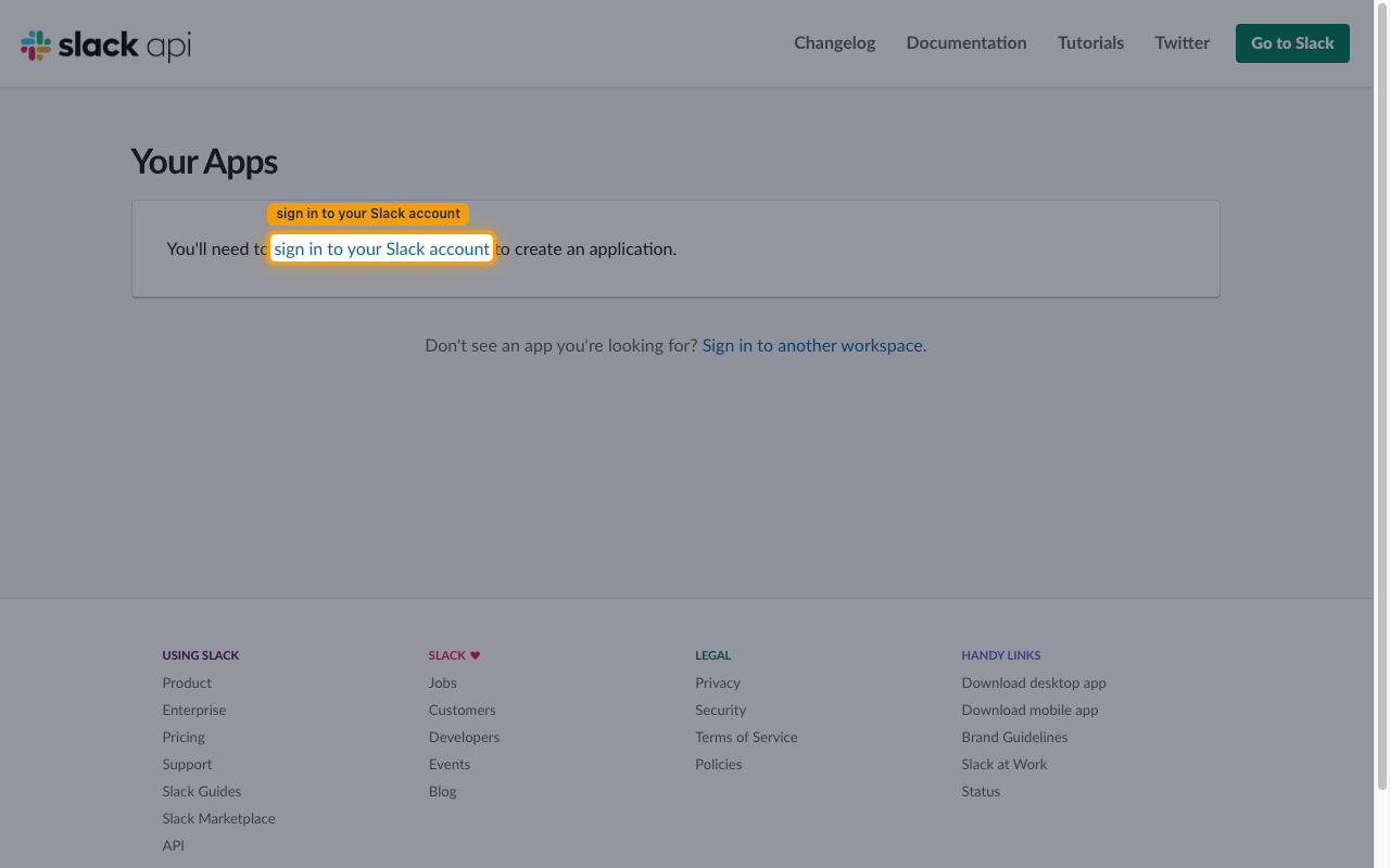 The Slack API Your Apps page prompting you to sign in to your Slack account
