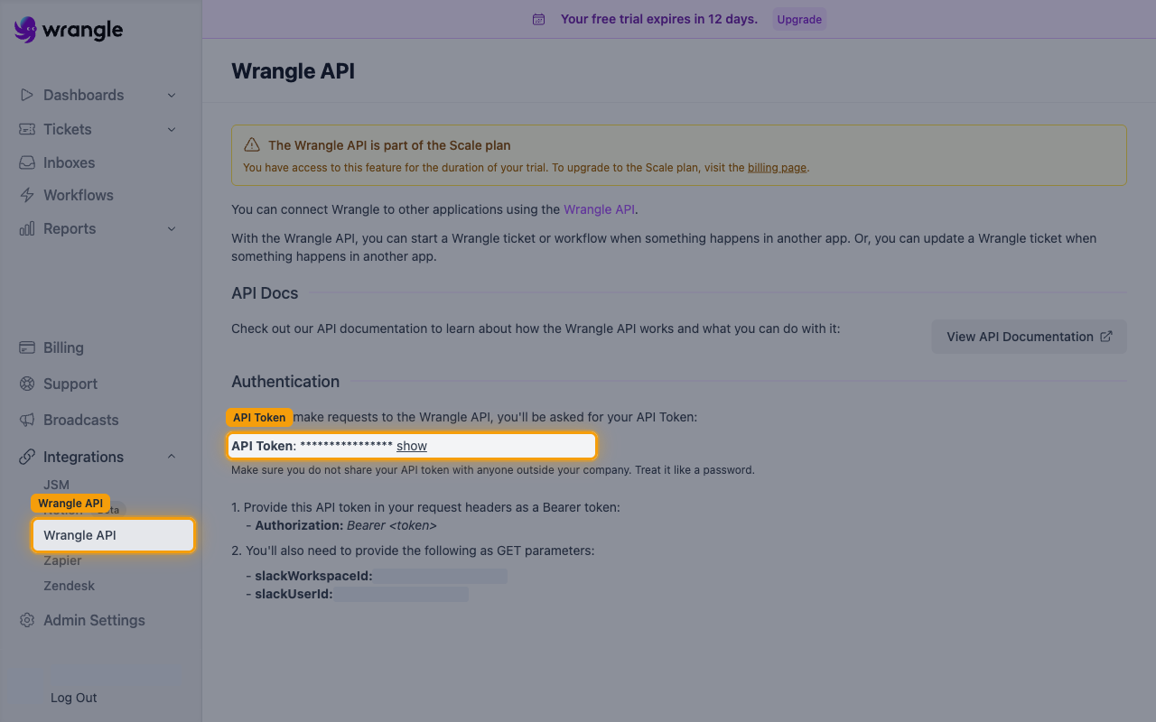 The Wrangle API page in the Wrangle web app with the Wrangle API sidebar link and the API Token value highlighted