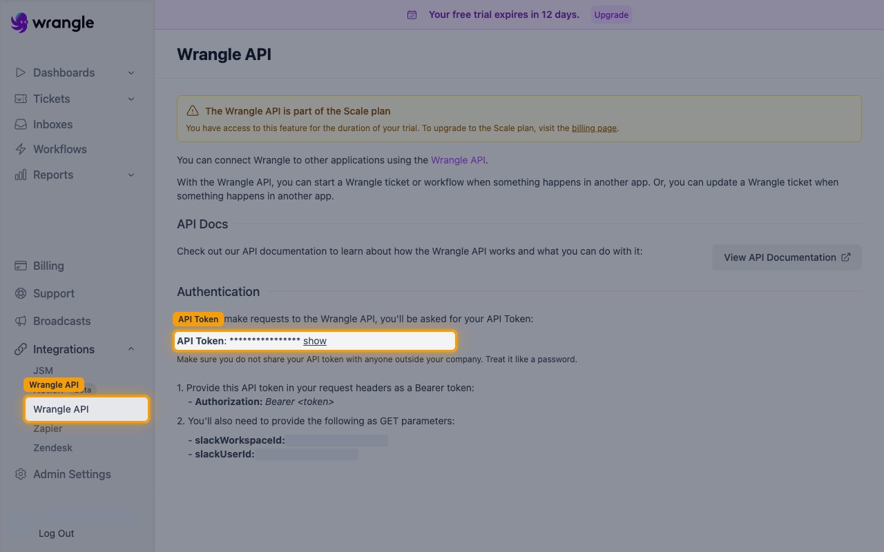The Wrangle API page in the Wrangle web app with the Wrangle API sidebar link and the API Token value highlighted