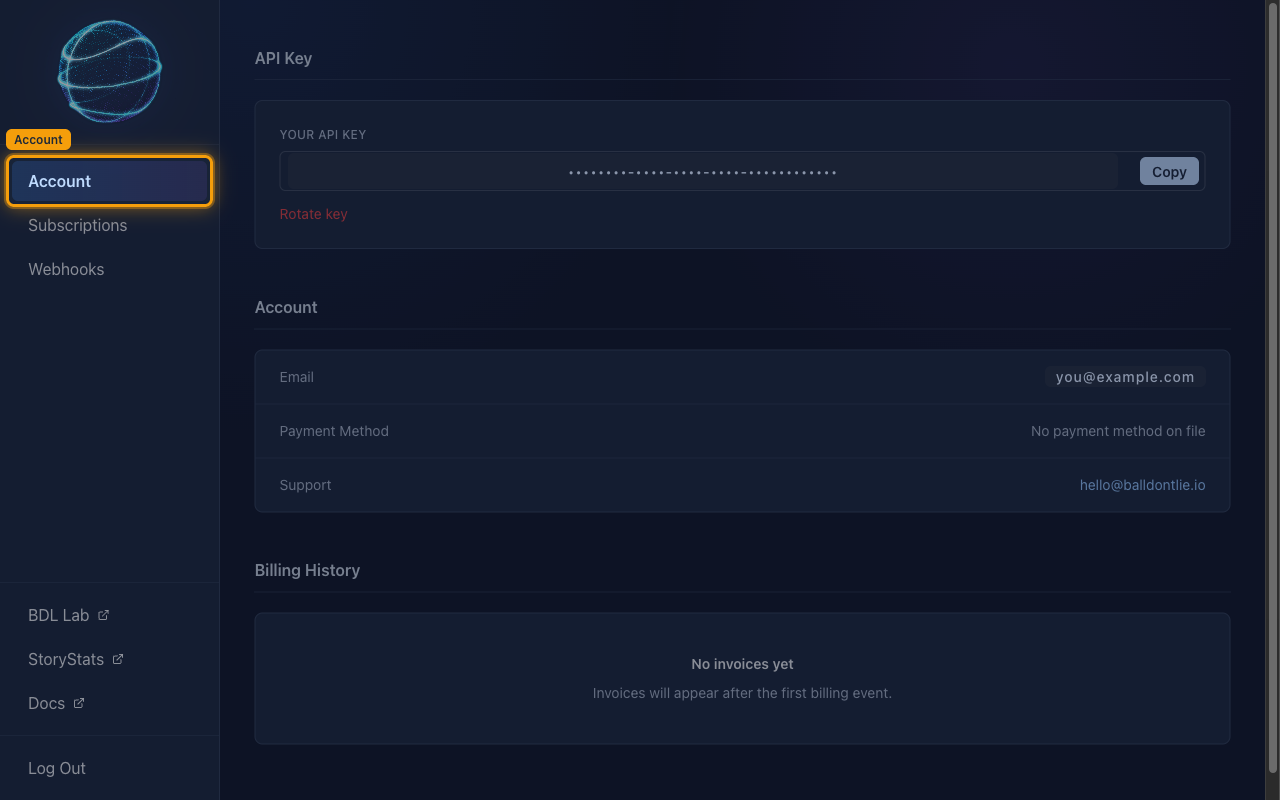 The BALLDONTLIE Account page with the Account item highlighted in the left sidebar and the API Key card shown at the top.