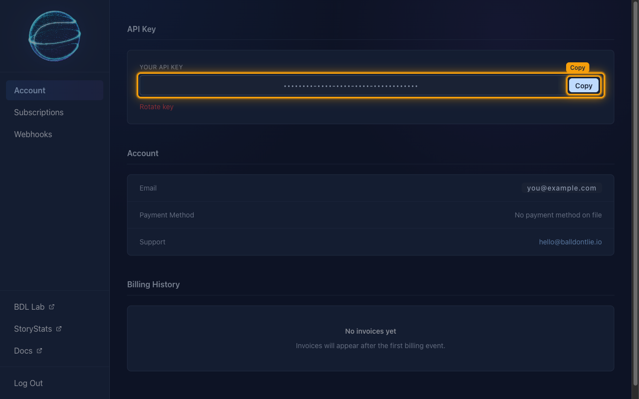 The API Key card on the BALLDONTLIE Account page with the YOUR API KEY box and the Copy button highlighted, the key value masked.