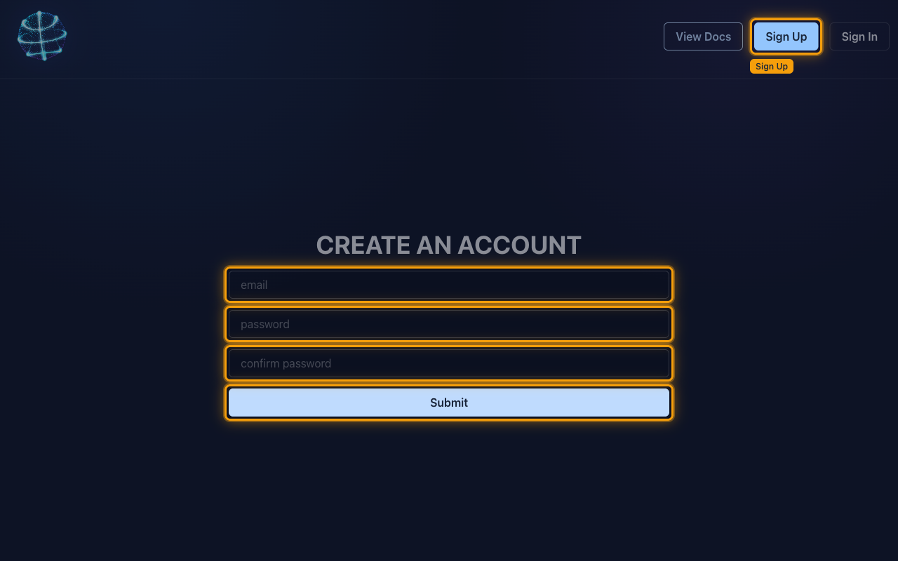 The BALLDONTLIE CREATE AN ACCOUNT screen with the email, password and confirm password fields and the Submit button highlighted.