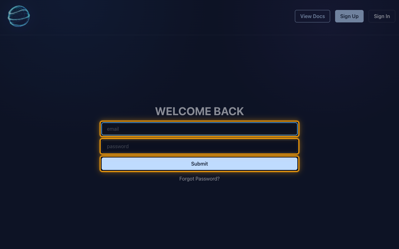 The BALLDONTLIE WELCOME BACK sign-in screen with the email and password fields and the Submit button highlighted.