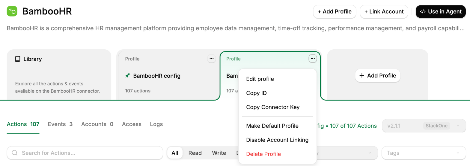 BambooHR connector page with the Library card and two profile cards. The second profile is selected, with its Actions, Events, Accounts, Access, and Logs tabs below, and its menu open, showing Edit profile, Copy ID, Copy Connector Key, Make Default Profile, Disable Account Linking, and Delete Profile