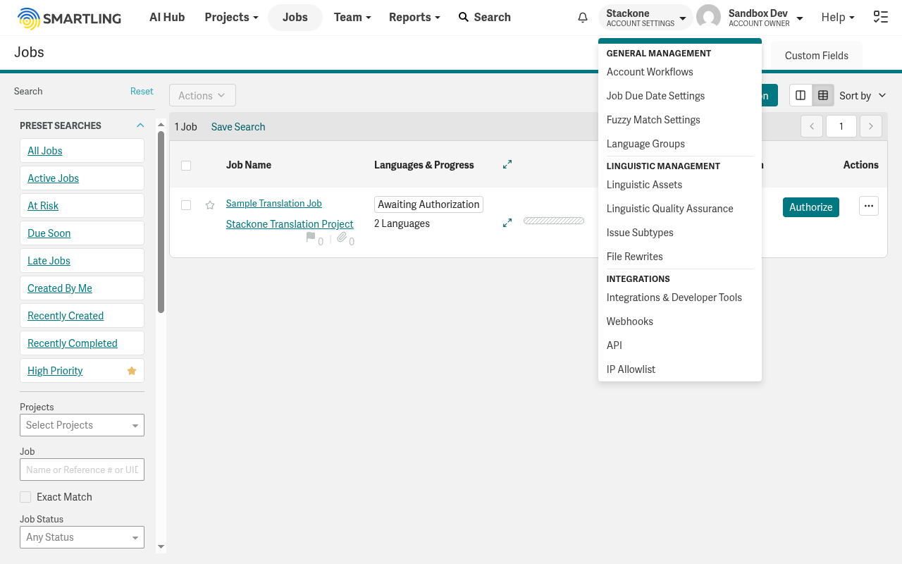 Smartling Account Settings menu with API highlighted under Integrations