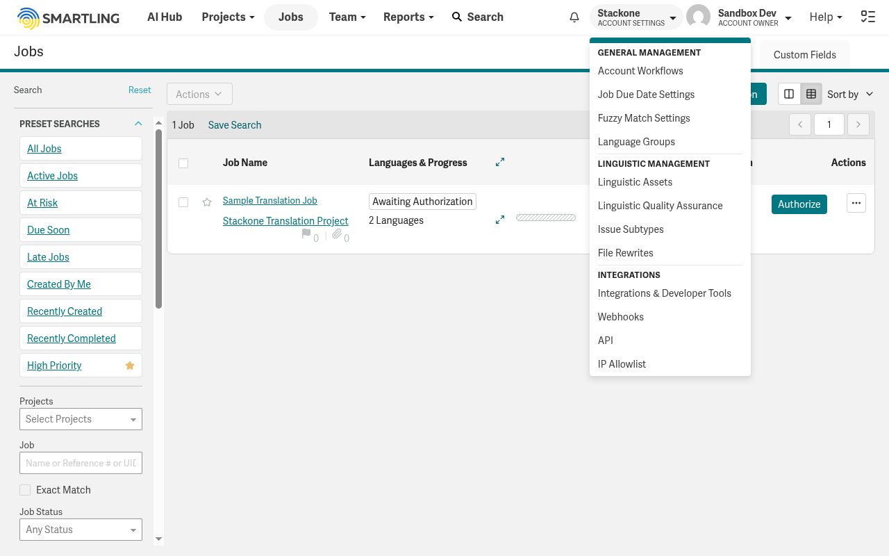 Smartling Account Settings menu with API highlighted under Integrations