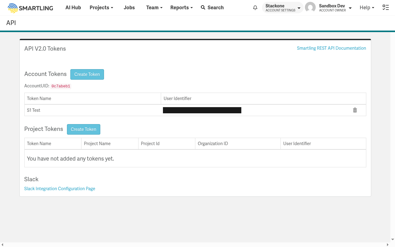 API V2.0 Tokens page showing the Account Tokens section, Create Token button, and AccountUID