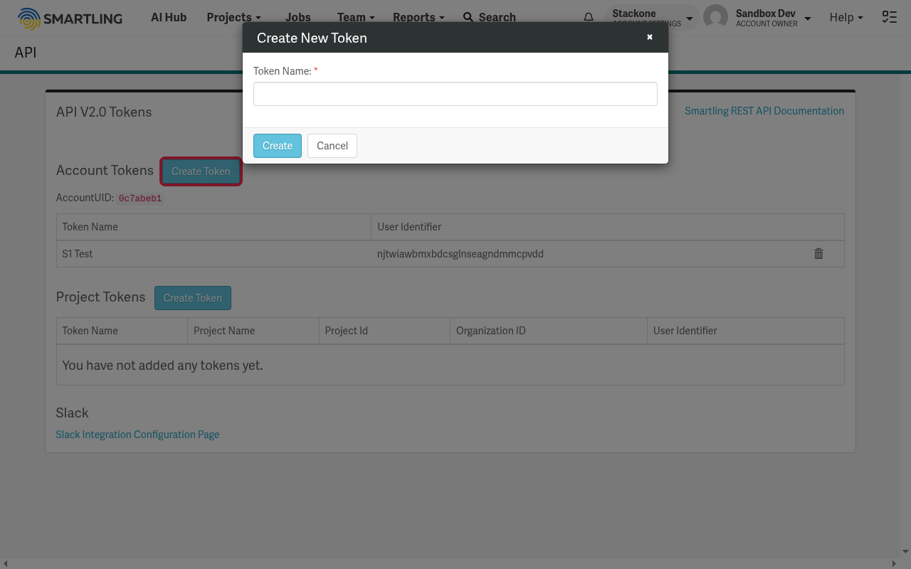 Create New Token dialog with the Token Name field and Create button