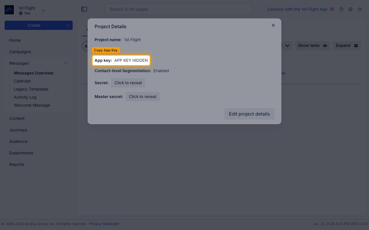 Project Details panel with the App key row highlighted, its value redacted, alongside the Secret and Master secret rows.