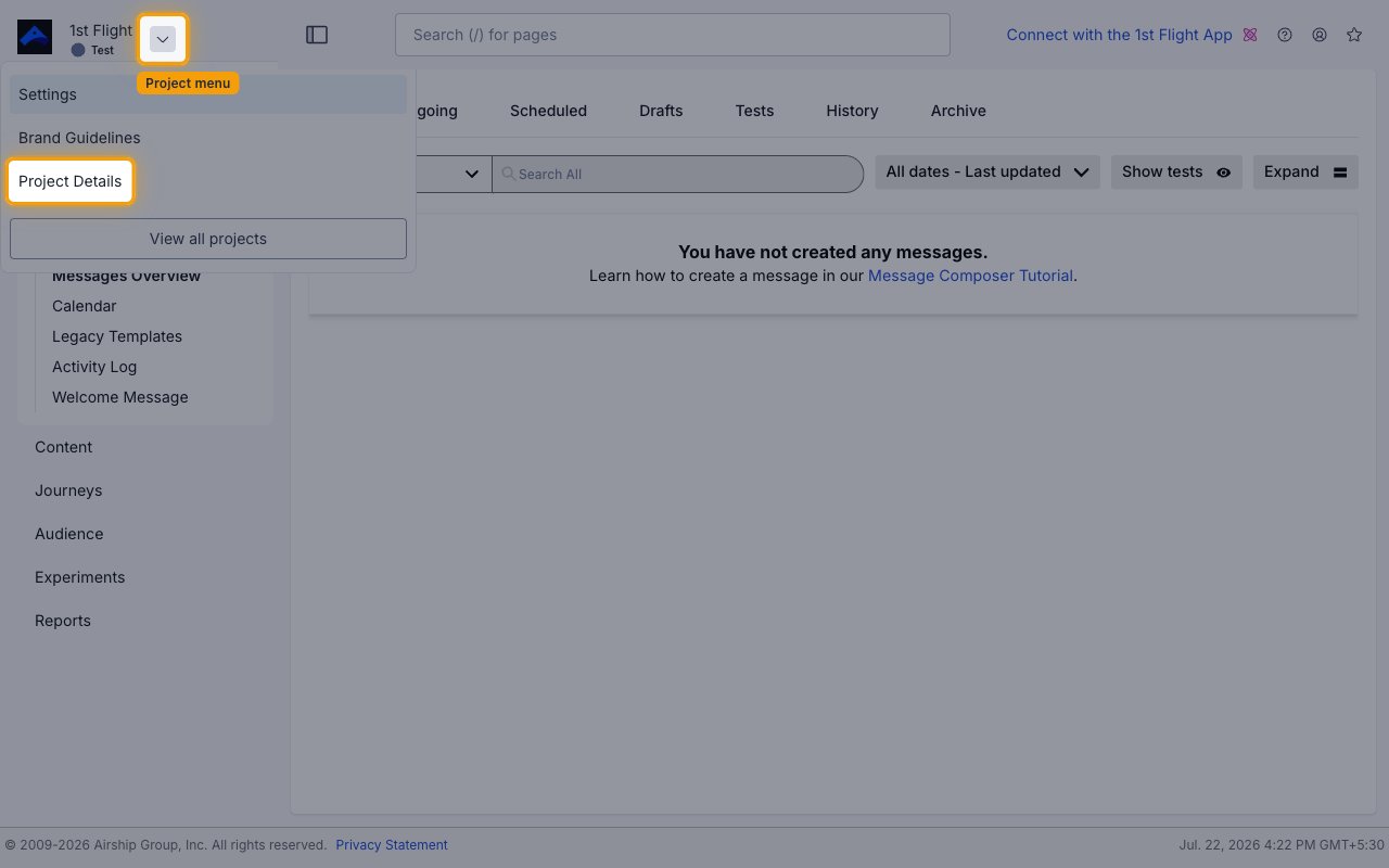 Project menu opened from the dropdown arrow beside the project name, showing Settings, Brand Guidelines and Project Details, with Project Details highlighted.