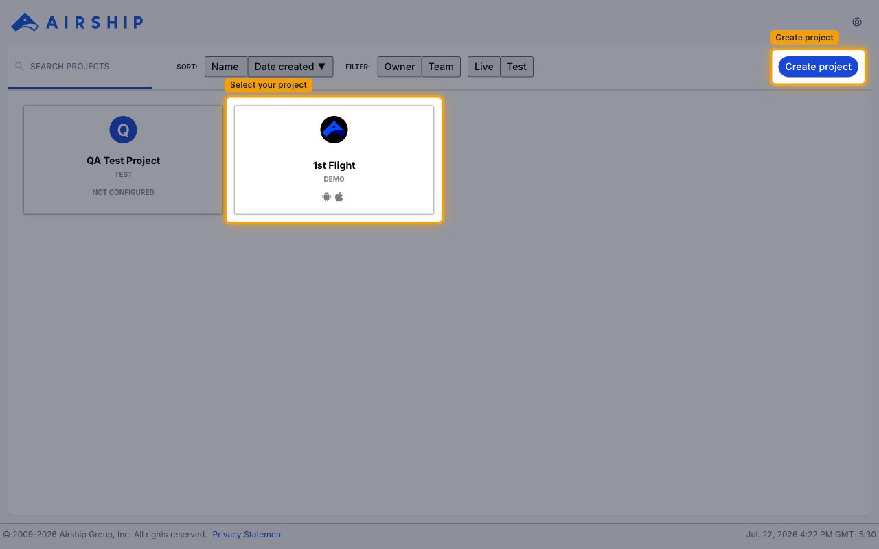Airship project dashboard listing available projects, with a project card and the Create project button in the top-right corner highlighted.