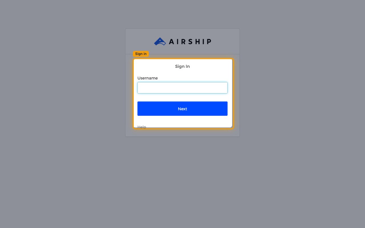 Airship Sign In page with the Username field and Next button highlighted.