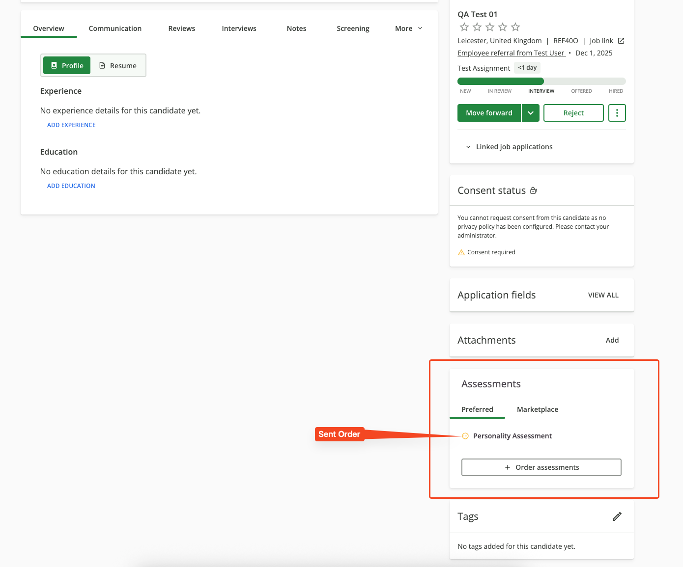 Assessment Sent Status